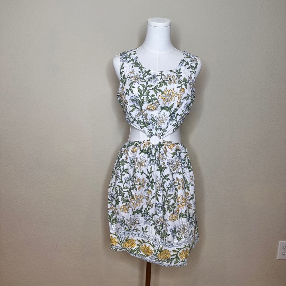 Hannah Artwear Yellow Green Floral Block Print Cutout‎ Ring Mini Dress Size 2